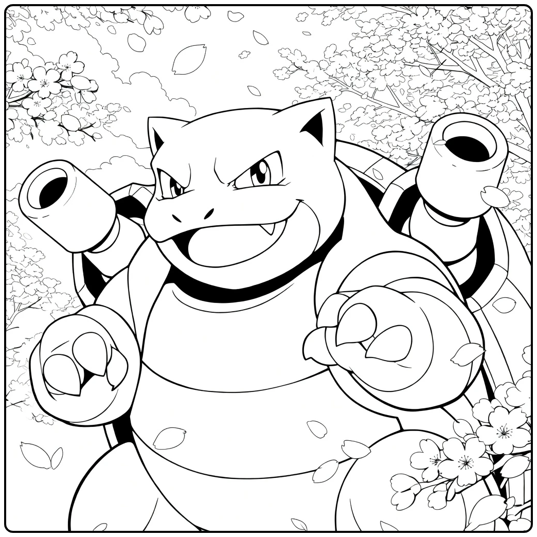 Kleurplaat Pokemon Blastoise met open bek en uitgestrekte arm tussen bloesemtakken