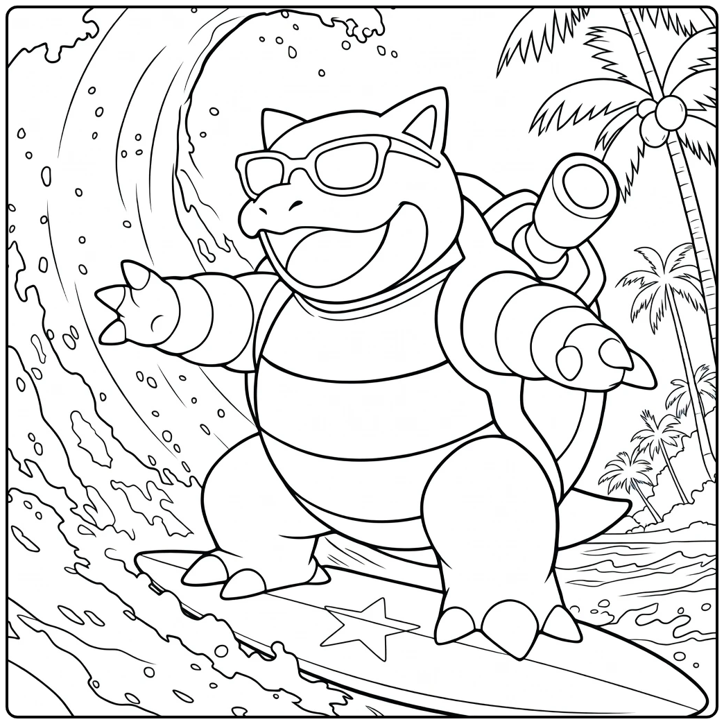 Kleurplaat Pokemon Blastoise die met uitgestrekte armen op een surfplank balanceert