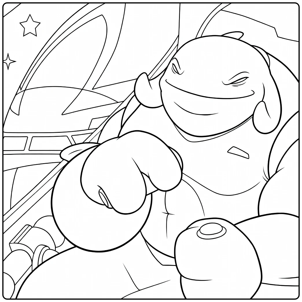 Captain Gantu Kleurplaat van een ronde blauwe alien met paarse ogen die leunt en wijst met een groene knop op zijn handschoen