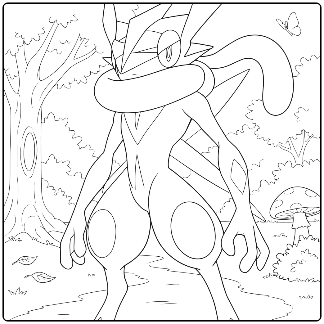 Greninja Kleurplaat van een blauwe bipedale kikker met rode staart en vinnen in het bos