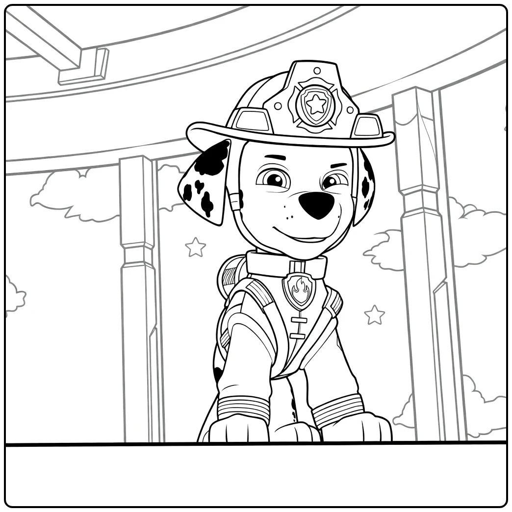 Brandweerhond met zwarte vlekken en helm staand op een oppervlak Paw Patrol Seizoen 13 Kleurplaat