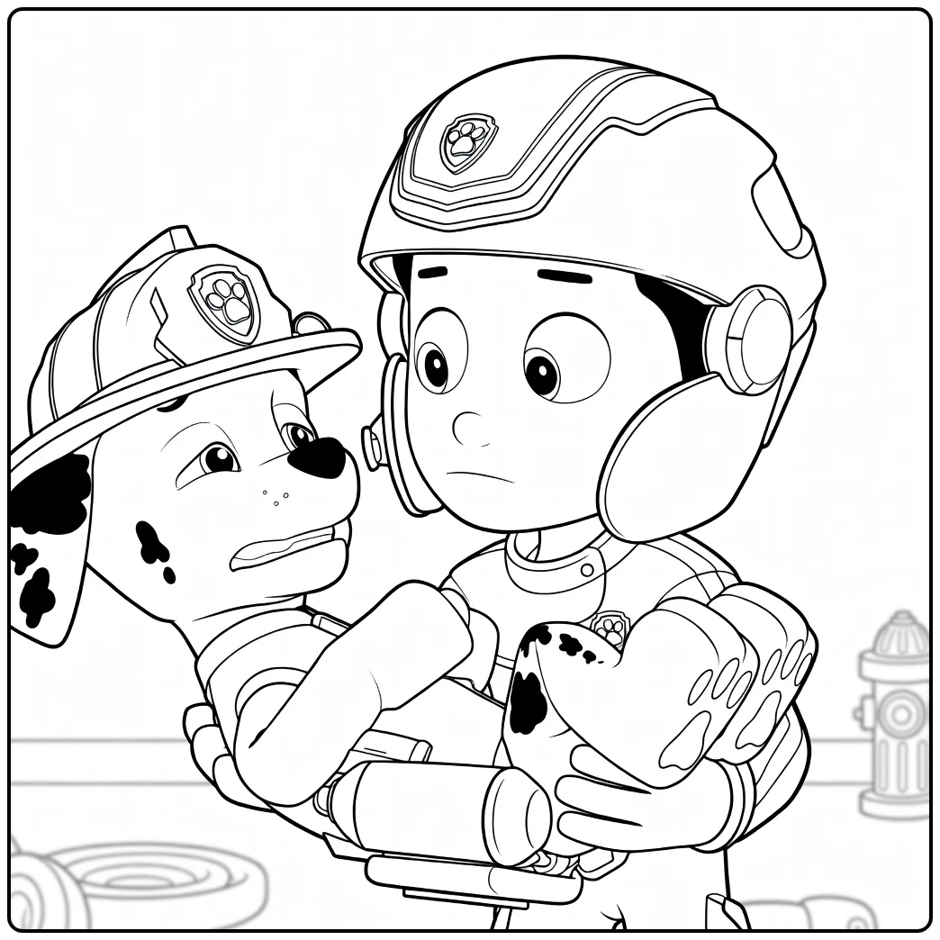 Jongen met donkere haren houdt Dalmatische hond in armen terwijl ze elkaar aankijken Paw Patrol Seizoen 2 kleurplaat