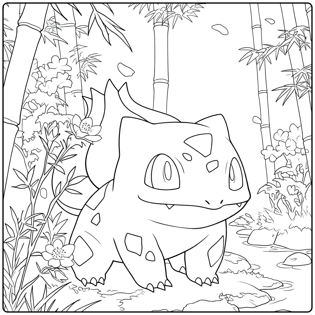 Bulbasaur Kleurplaat met een kleine reptiel in quadrupedale houding en bloemen op de achtergrond