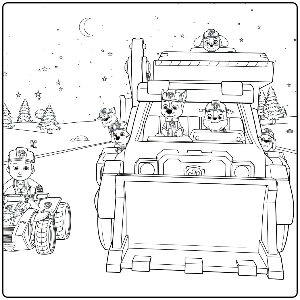 Paw Patrol Seizoen 5 Kleurplaat met honden en jongen op bulldozer en ATV onder sterrenhemel