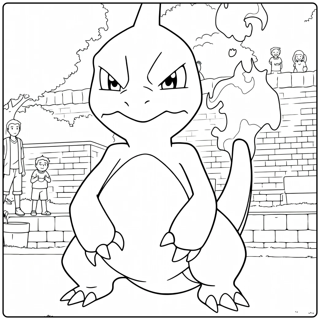 Kleurplaat Pokemon Charmeleon als rechtopstaande reptiel met opgeheven vlammende staart en dreigende blik