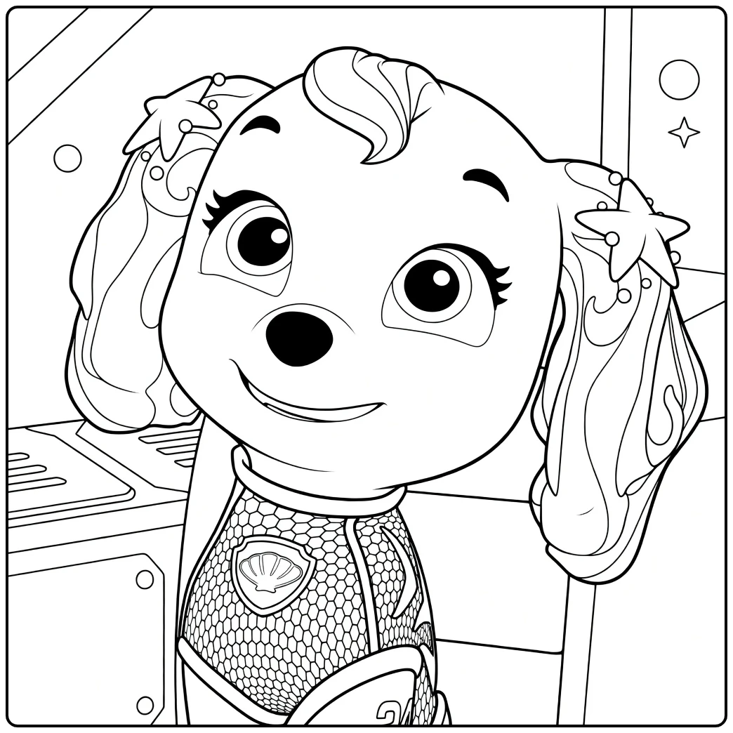 Antropomorfe hond met grote ogen, flaporen en krullend haar in coral paw patrol kleurplaat