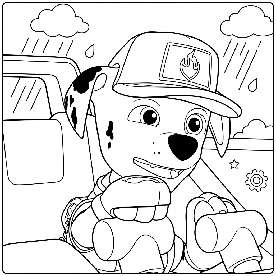 Dalmatiaanse pup in brandweerpet en jas met gele cilinder Paw Patrol Seizoen 9 Kleurplaat