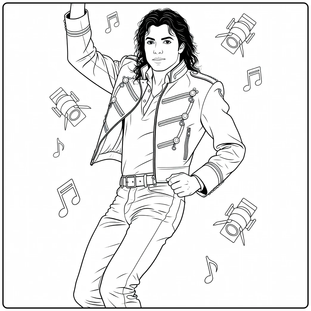 Michael Jackson in dynamische danspose met opgeheven arm en leren broek op michael jackson kleurplaat