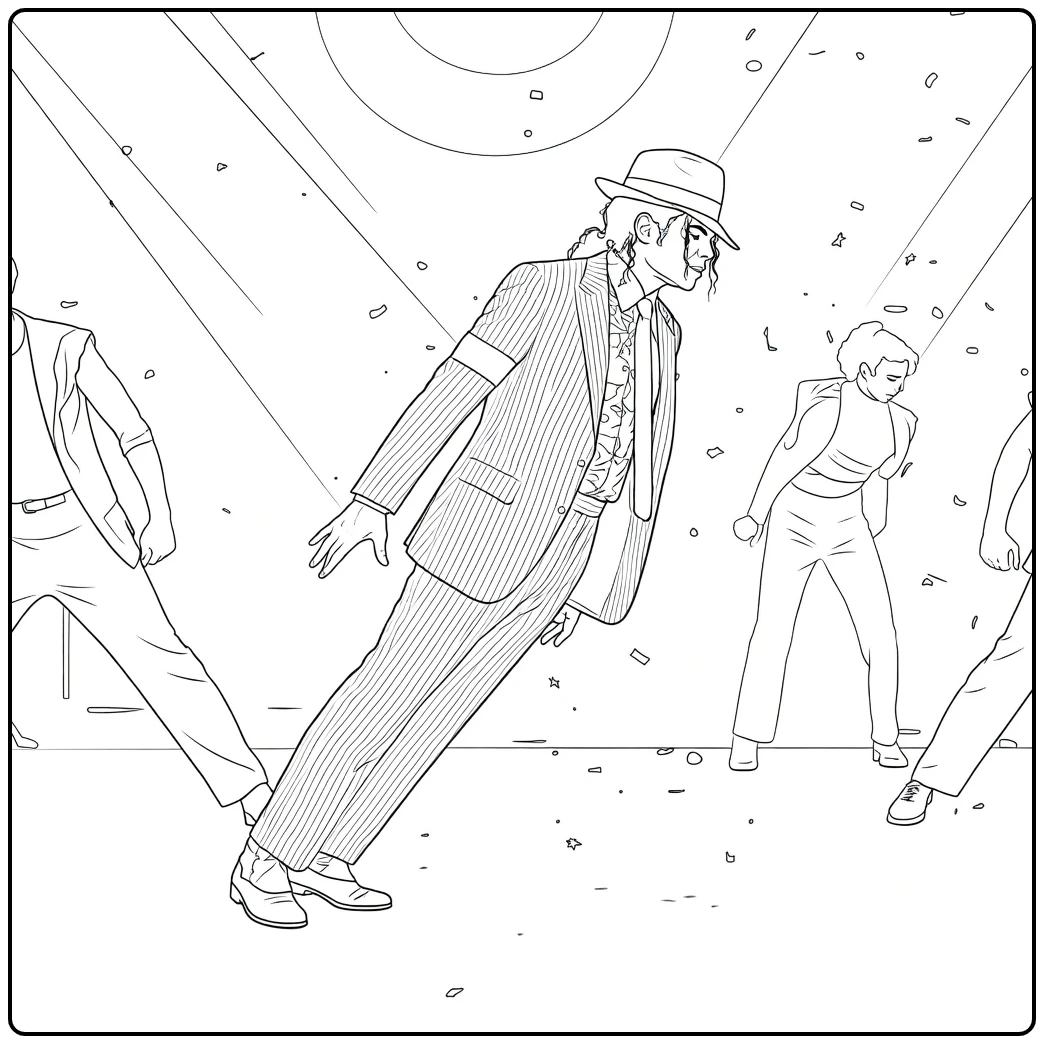 danser met krullend haar in pinstripe pak en fedora tijdens dynamische pose michael jackson kleurplaat