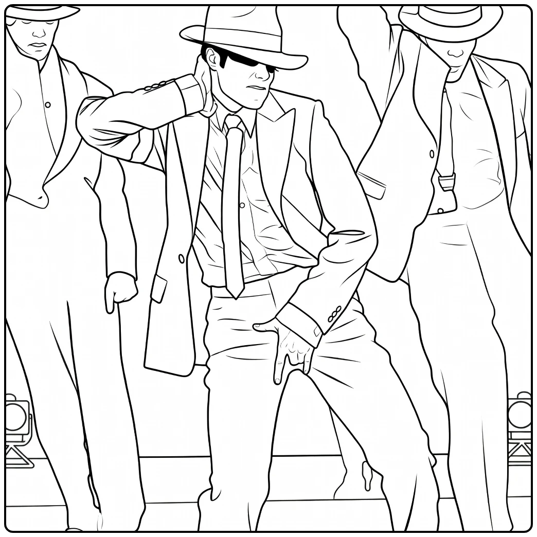 michael jackson kleurplaat met een danser in fedora en pak die voorover leunt en wijst