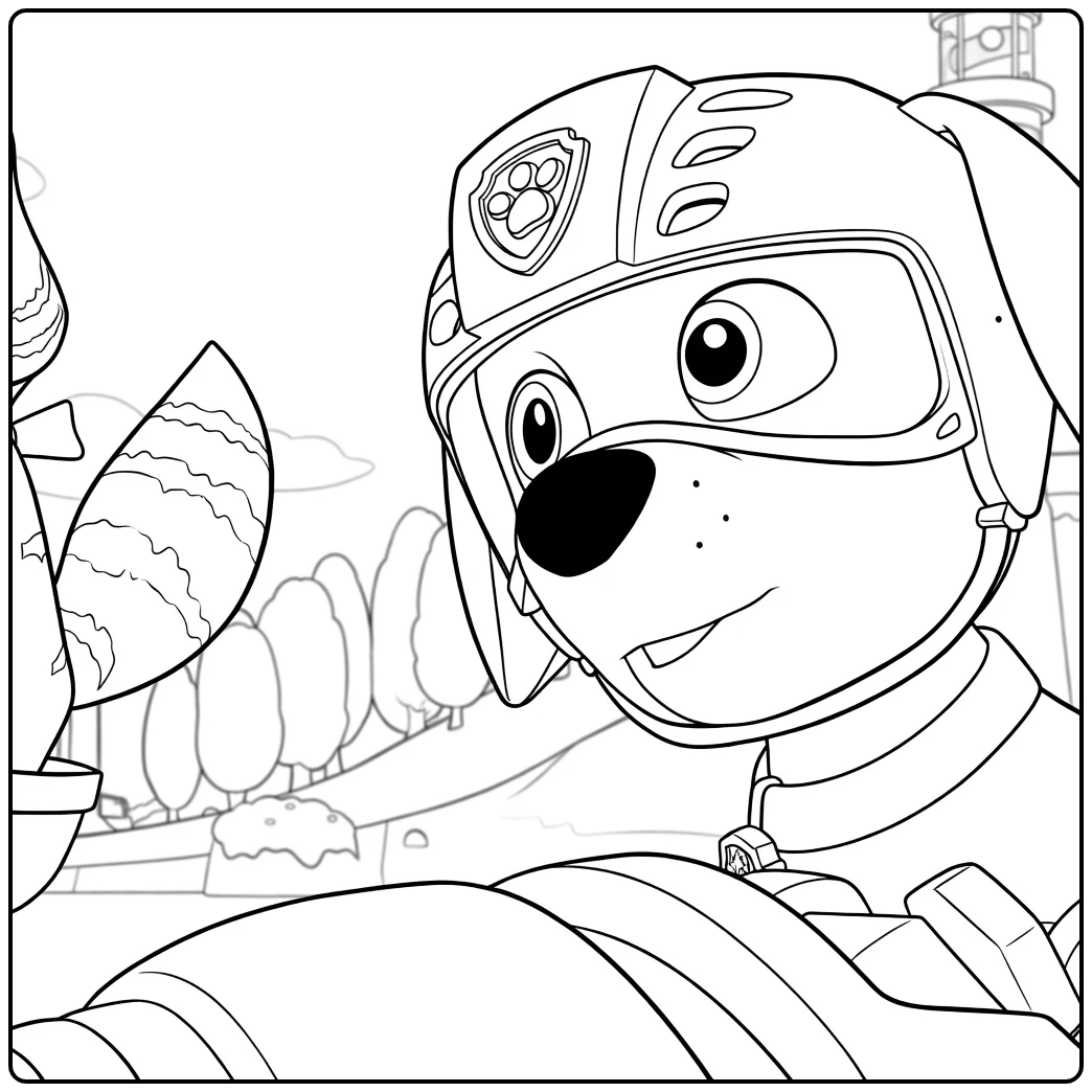 Hondachtig dier met oranje helm en blauwe vizier bedient de besturingen terwijl het naar links kijkt Paw Patrol Season 1 Kleurplaat