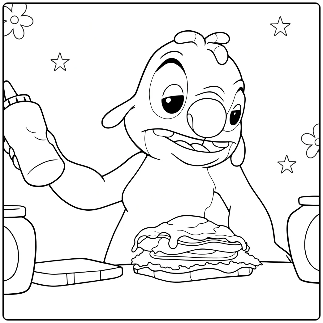 Reuben Kleurplaat van een rond dier met hoorns en lange oren dat een knijpfles vasthoudt aan een tafel met sandwich en potten