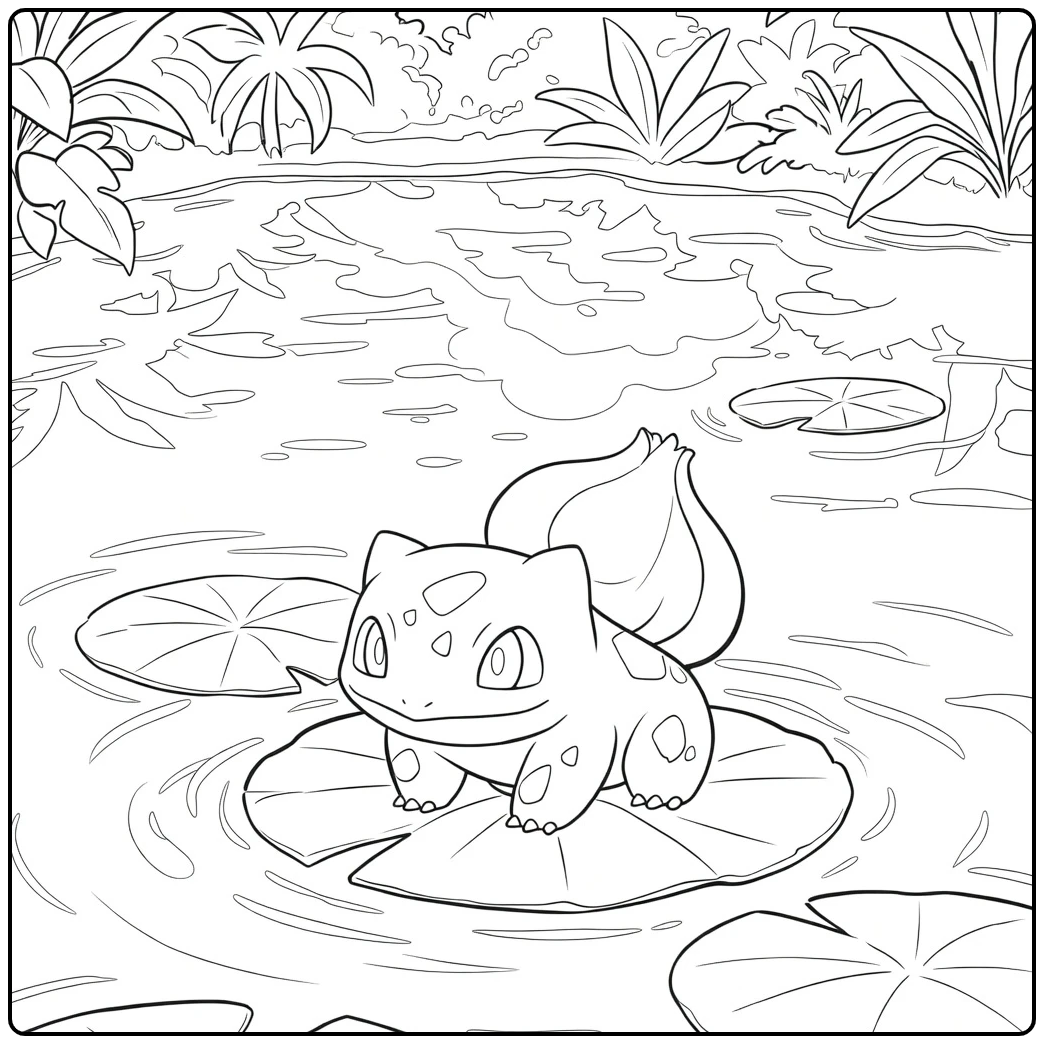 Bulbasaur Kleurplaat van een klein dier zittend op een leliepad in de vijver