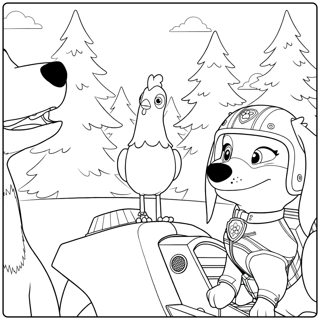 Kleurplaat met een hond in pak en helm, een kip op een voertuig en een beerhoofd, Paw Patrol Seizoen 7 Kleurplaat