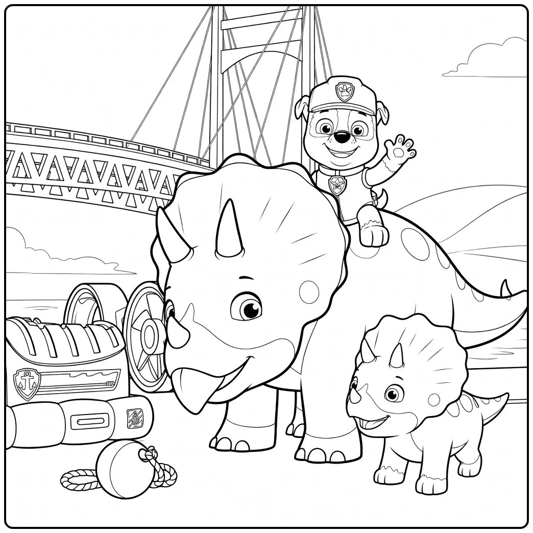 Paw Patrol Seizoen 2 kleurplaat met grote triceratops, kleine dino en hond op de brug