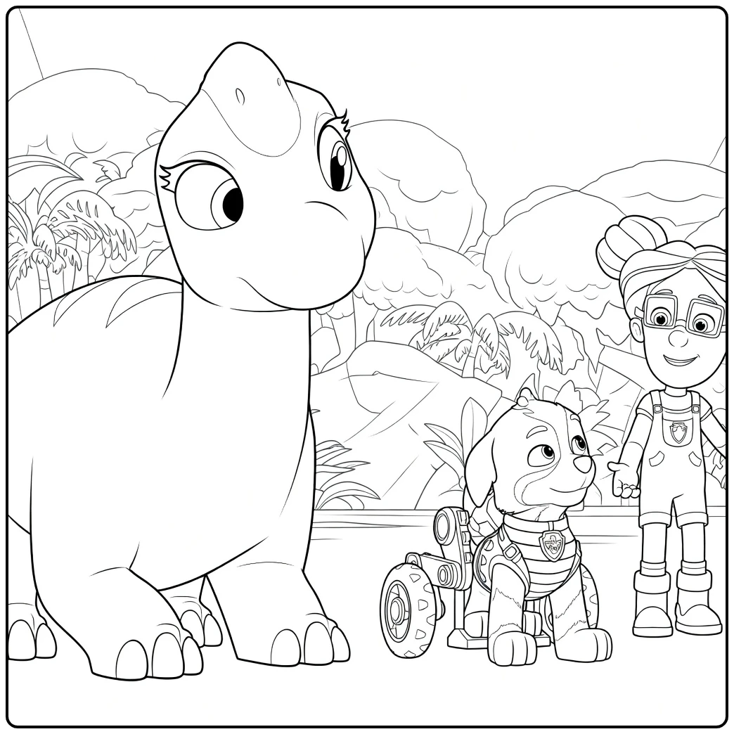 rex paw patrol kleurplaat met dinosaurus op vier poten, hond in kar en kind met bril