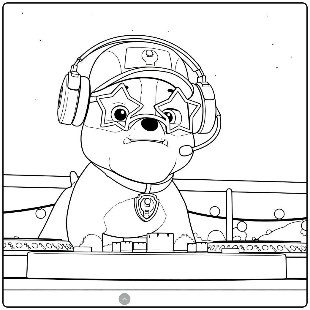 Hond met koptelefoon en sterbril achter dj-mengpaneel Paw Patrol Seizoen 3 kleurplaat