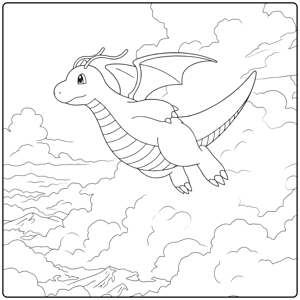 Dragonite Kleurplaat van een draak die horizontaal vliegt met uitgespreide vleugels en lange staart