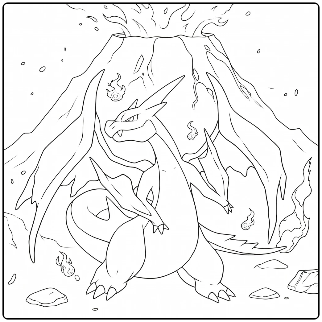 Charizard Kleurplaat met een staand reptiel met gespreide vleugels en vulkaan op de achtergrond