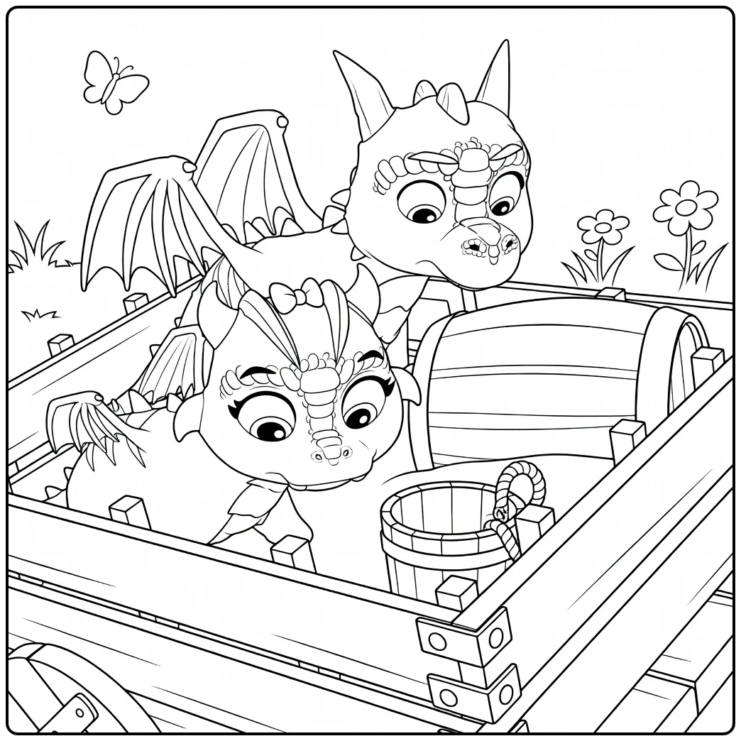 Twee cartoon draken in een houten kar met gele en oranje schubben Paw Patrol Seizoen 8 Kleurplaat