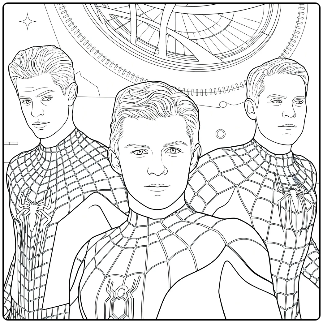 Drie jonge mannen in rode en zwarte webpatroon pakken met emblemen voor een grote cirkelvormige machine Spiderman Kleurplaat