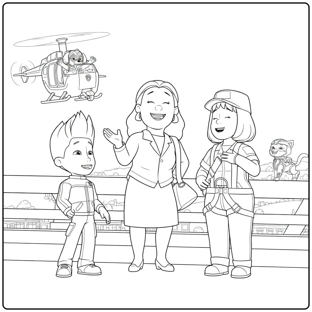 Paw Patrol Seizoen 9 Kleurplaat met een vrouw, jongen en meisje die glimlachen naast twee honden