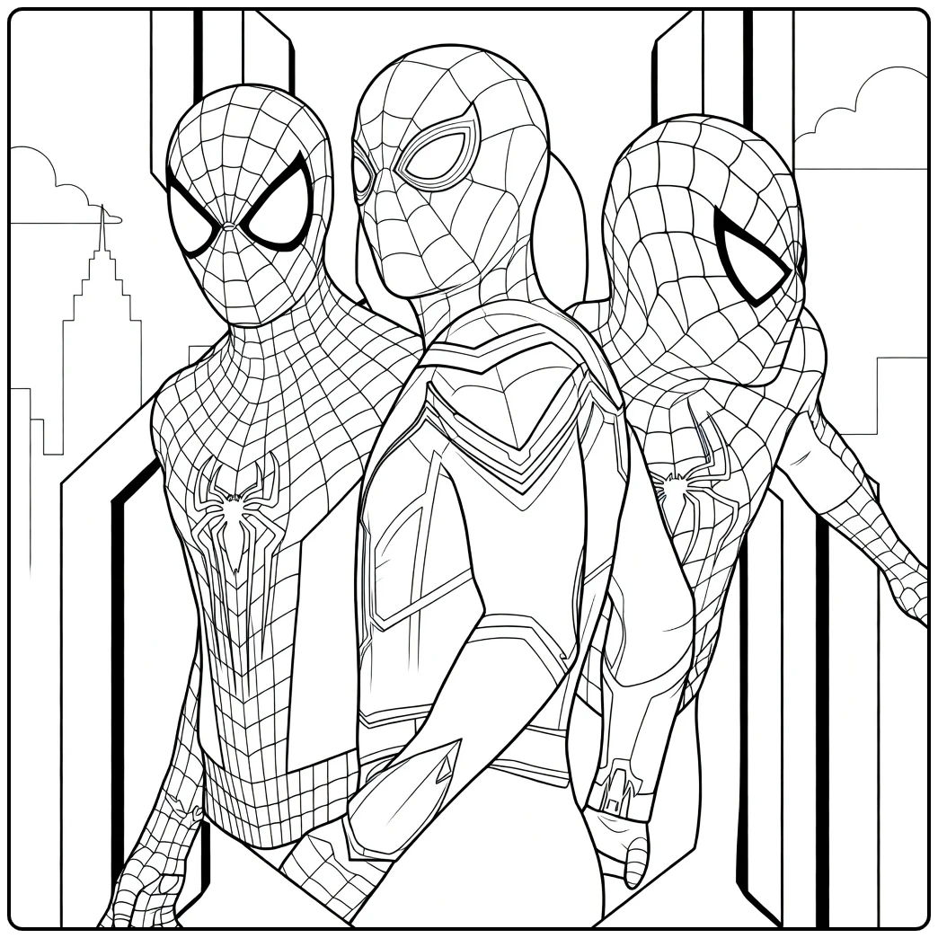 Spiderman Kleurplaat met drie gemaskerde figuren in webpakken die samen staan