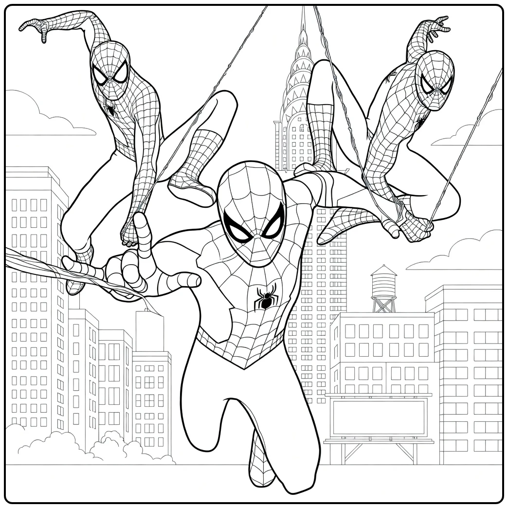 Spiderman Kleurplaat met drie helden die op webstrengen tussen wolkenkrabbers zwaaien
