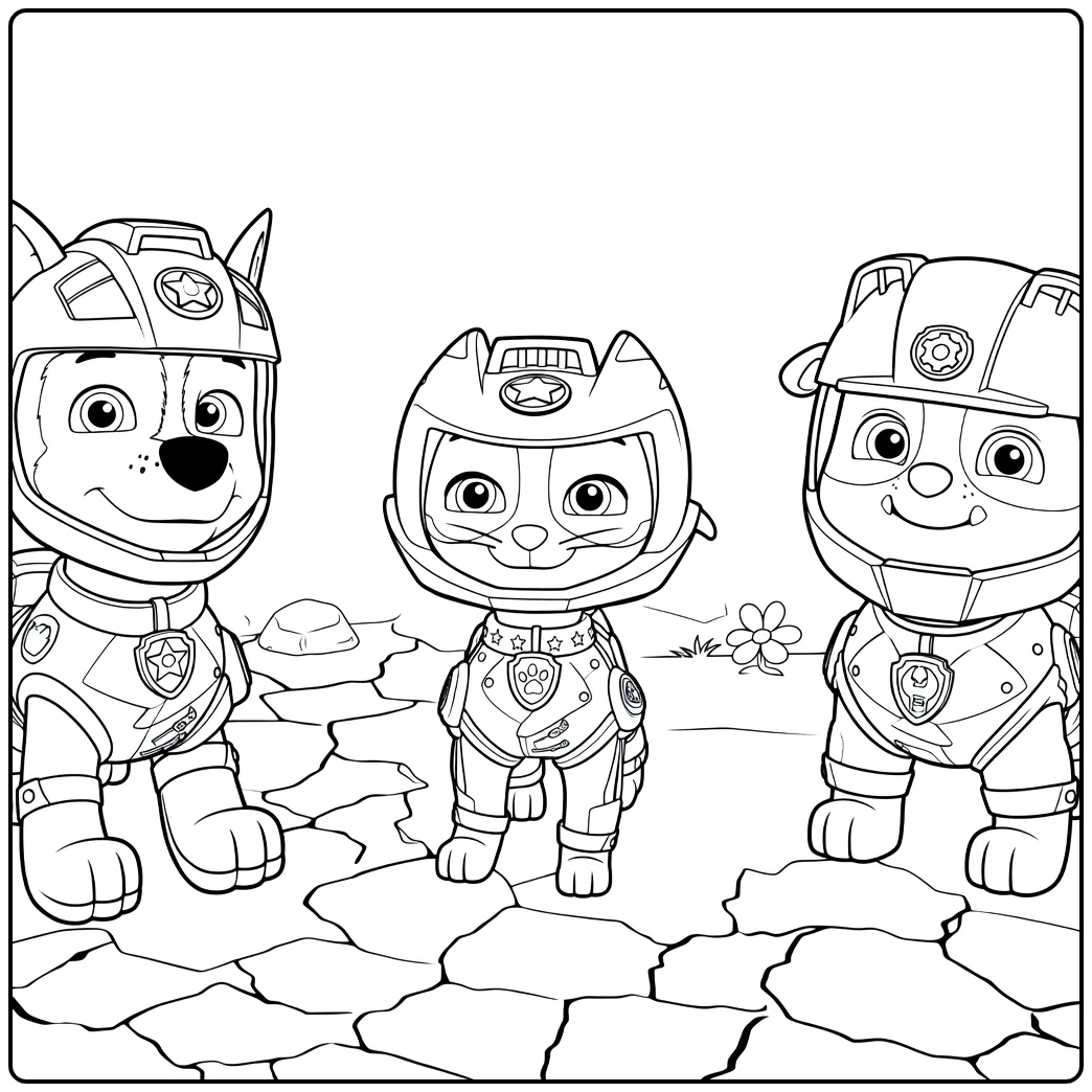 Drie antropomorfe dieren met helmen en uniformen staand naast elkaar in Paw Patrol Seizoen 7 Kleurplaat