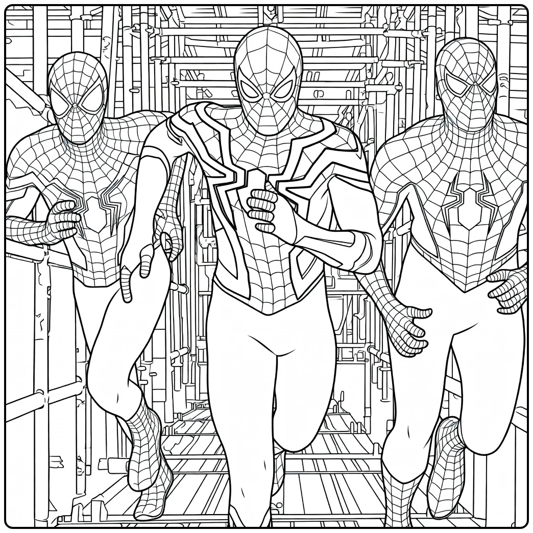Drie figuren in webpatroon pakken rennen dynamisch vooruit op een industriële achtergrond Spiderman Kleurplaat