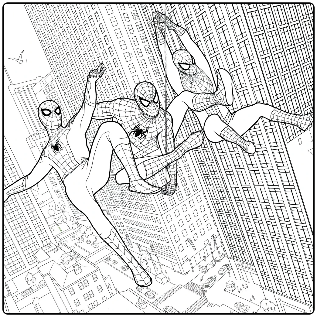 Drie figuren in webpakken zwaaien dynamisch tussen wolkenkrabbers Spiderman Kleurplaat