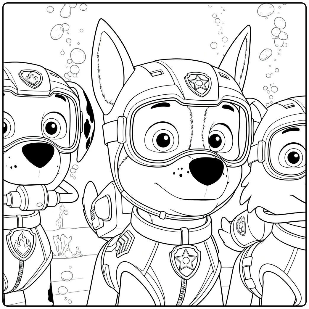 Drie antropomorfe honden in duikhelmen en pakken staand zij aan zij Paw patrol kleurplaat