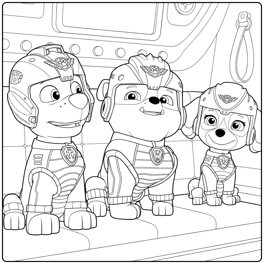 Drie honden met helmen en uniformen zittend naast elkaar in een voertuig Paw Patrol Seizoen 11 Kleurplaat