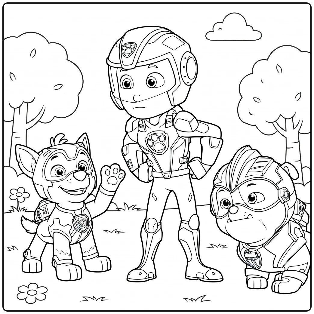 Paw Patrol Seizoen 6 Kleurplaat met drie honden in pakken, centrale figuur met handen op heupen en twee anderen ernaast.