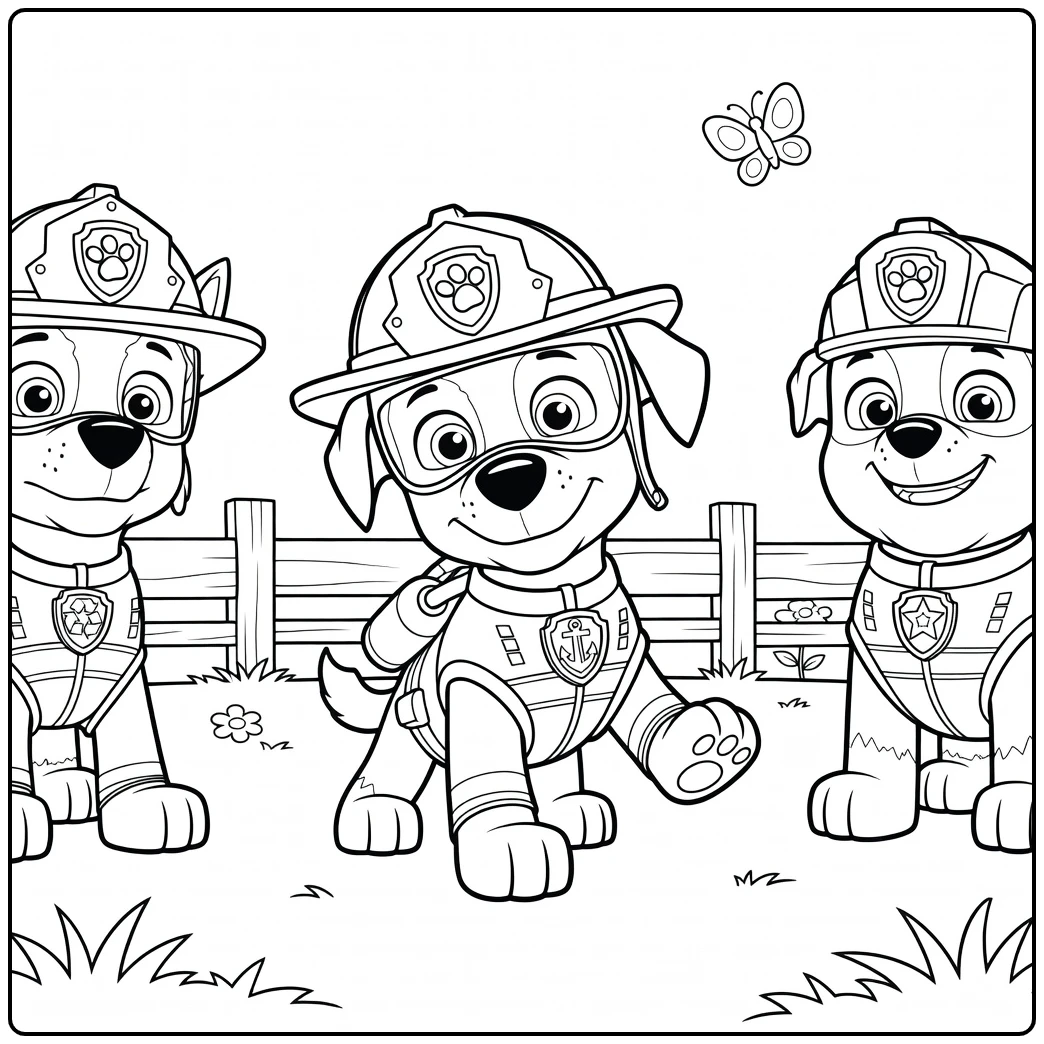 Drie honden in uniformen met helmen en brillen op het gras Paw Patrol Seizoen 13 Kleurplaat