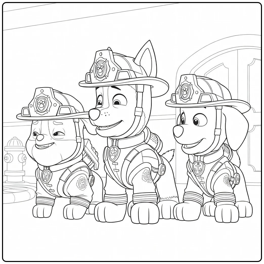 Drie antropomorfe honden in uniformen met helmen staan zij aan zij Paw Patrol Seizoen 13 Kleurplaat