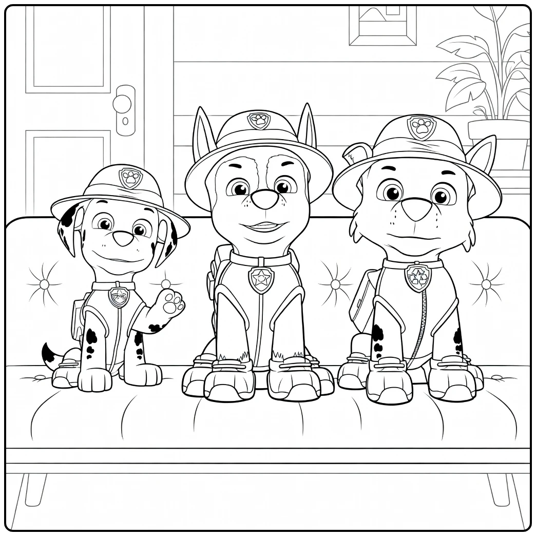 Drie honden in uniformen zittend naast elkaar op een bank Paw Patrol Seizoen 8 Kleurplaat