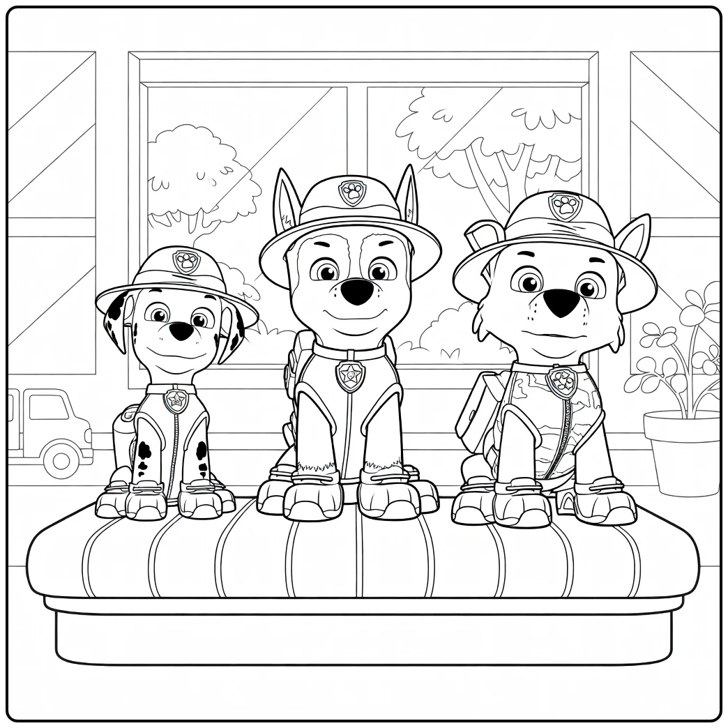 Drie honden in uniformen zitten zij aan zij op een bank Paw Patrol Seizoen 3 Kleurplaat met hoeden en rugzakken.