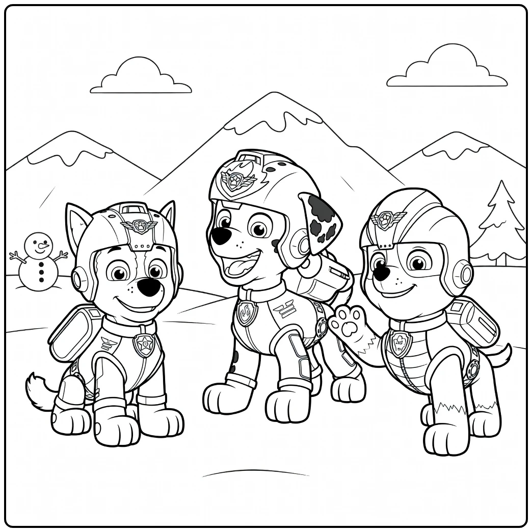Drie honden in uniformen met helmen en rugzakken staand op sneeuw Paw Patrol Seizoen 4 Kleurplaat