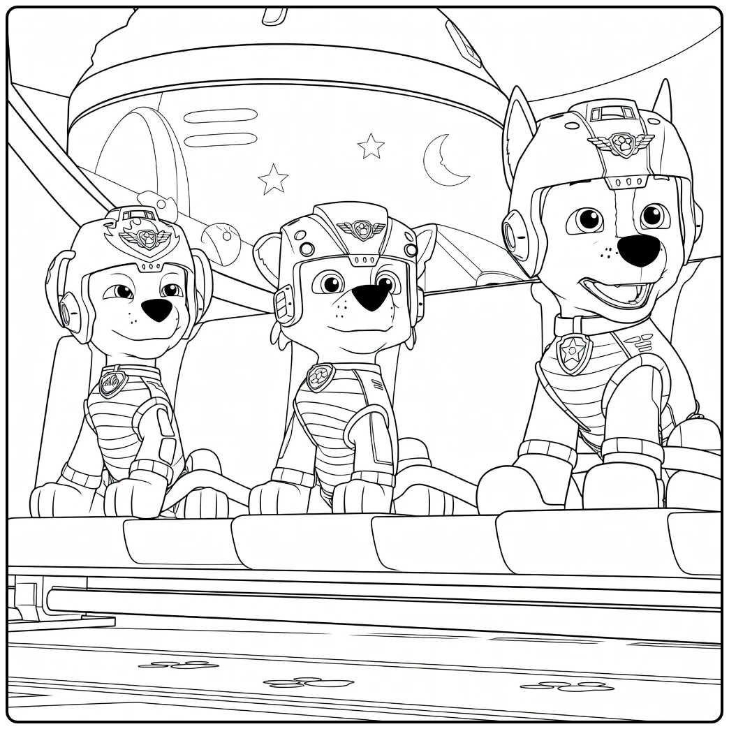 Drie honden met helmen in rood groen en blauw zittend naast elkaar Paw Patrol Seizoen 3 kleurplaat