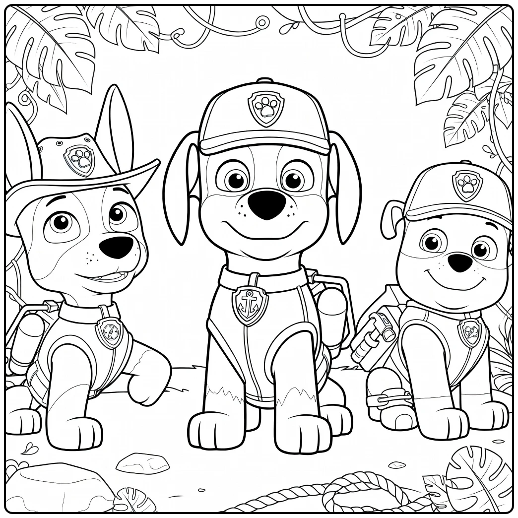 Drie honden met petten en rugzakken staand naast elkaar Paw Patrol Seizoen 8 Kleurplaat