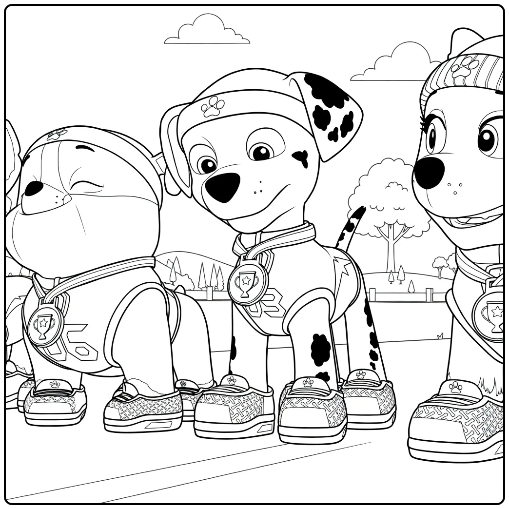 Drie honden staan zij aan zij met medailles en sportvesten Paw Patrol Seizoen 3 kleurplaat