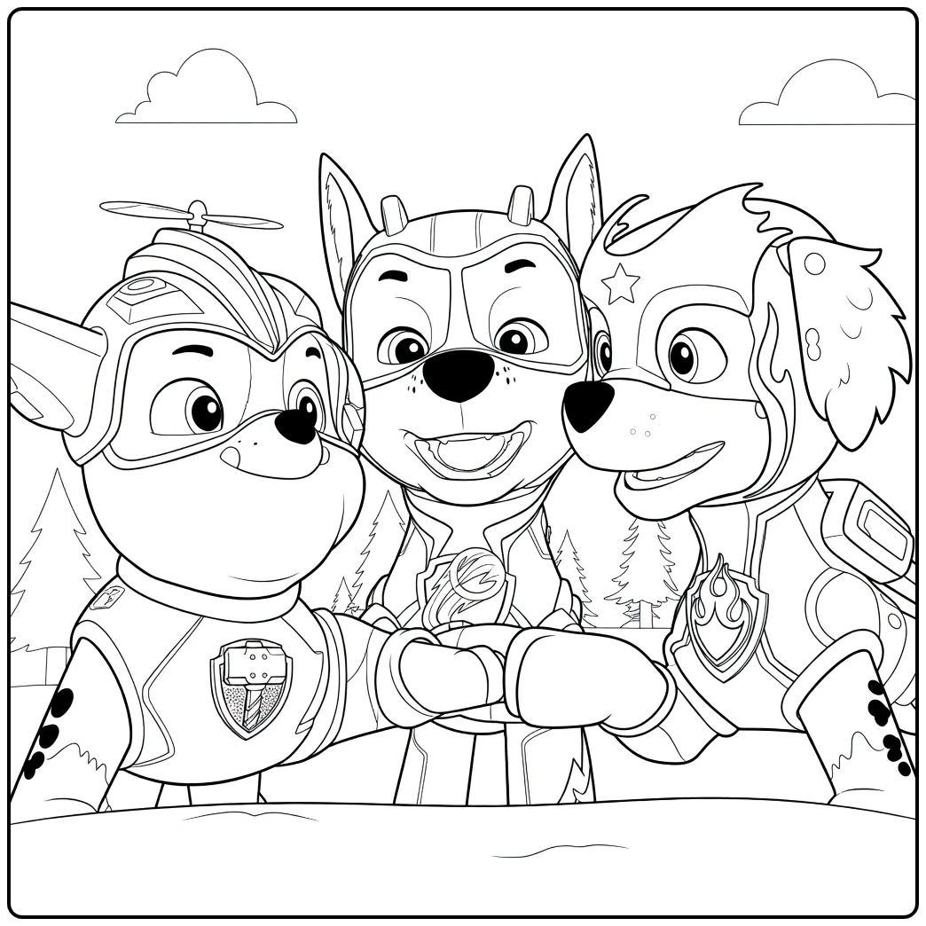 Drie honden in gepantserde pakken met helmen en maskers Paw Patrol Seizoen 6 Kleurplaat