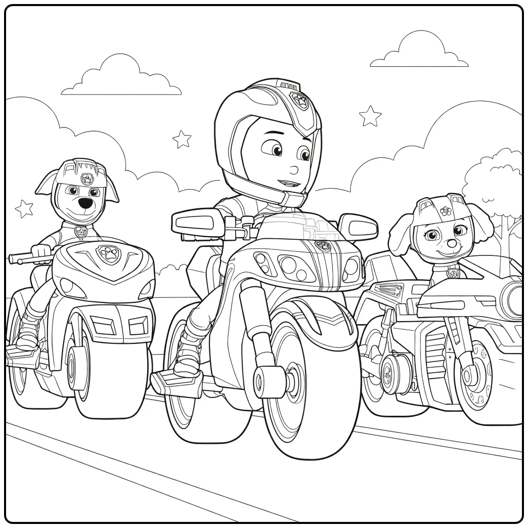 Drie figuren rijdend op motorfietsen met Paw Patrol Seizoen 7 Kleurplaat