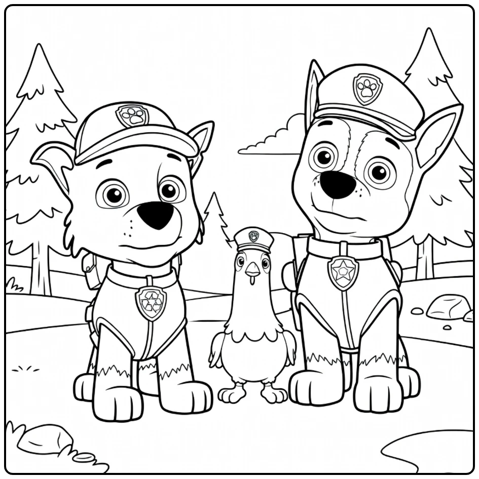 Paw Patrol Seizoen 6 Kleurplaat met drie dieren in uniformen die naast elkaar staan
