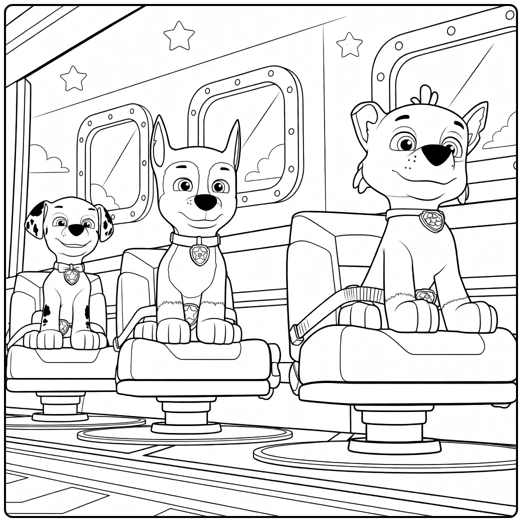 Drie puppy's zittend in stoelen met kragen en badges Paw Patrol Seizoen 9 Kleurplaat