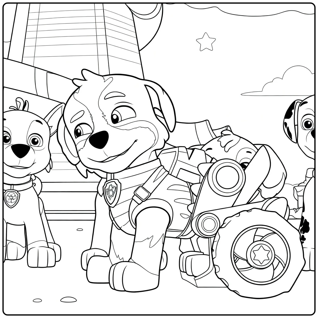 Drie puppy's met een wielvoertuig en vesten rex paw patrol kleurplaat