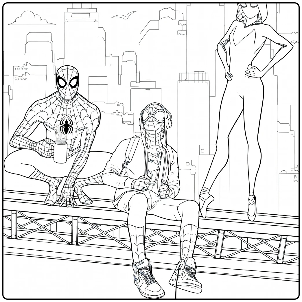 Drie figuren in spinnenpakken op een richel met stadsgebouwen op de achtergrond Spider Man Across the Spider Verse Kleurplaat