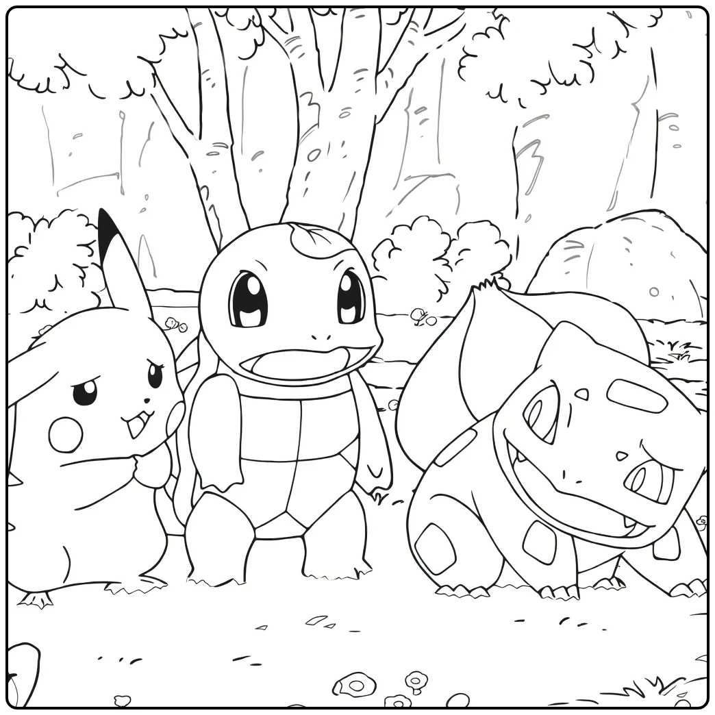 Drie wezens met ronde oren en schelpen staan naast elkaar in het bos Pokemon Kleurplaat