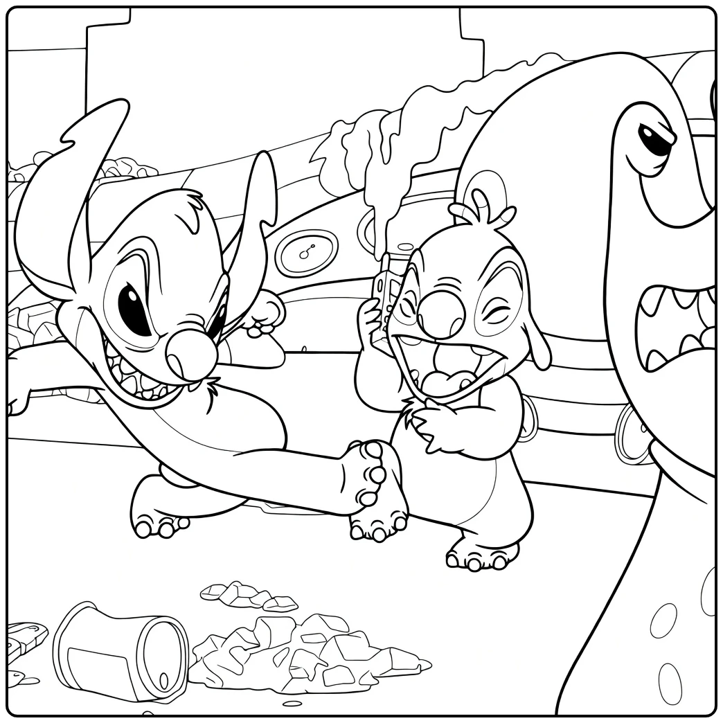 Drie cartoonwezens in verschillende poses op deze Experiment 627 Kleurplaat met springend rood dier, tan figuur met voorwerp en groen reptiel.